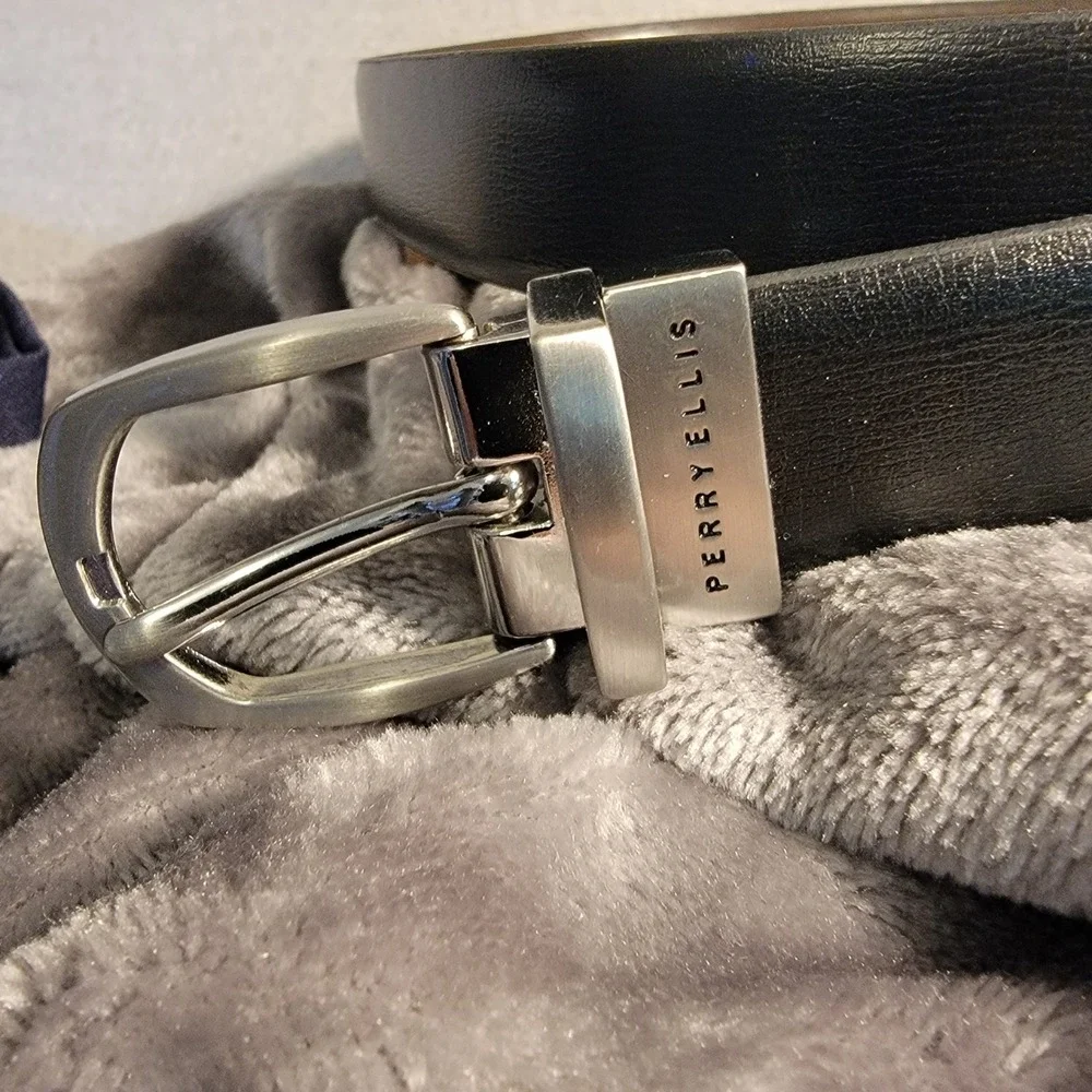 Perry Ellis Belt & Bow Tie Set Mens 32 Black Brown Excellent Reversible Rotating